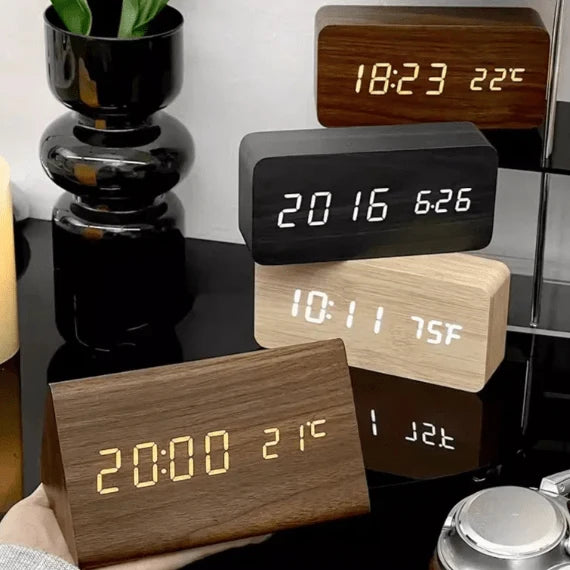 Digital Alarm Clock Wooden Voice-Activated Adjustable LED Display