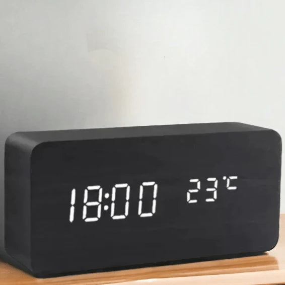 Digital Alarm Clock Wooden Voice-Activated Adjustable LED Display
