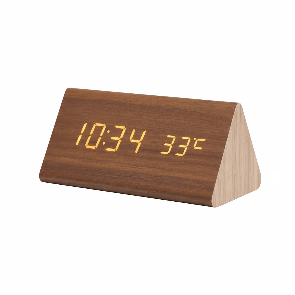 Digital Alarm Clock Wooden Voice-Activated Adjustable LED Display