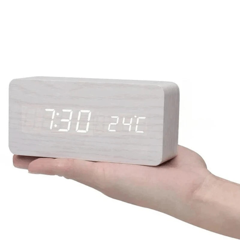 Digital Alarm Clock Wooden Voice-Activated Adjustable LED Display