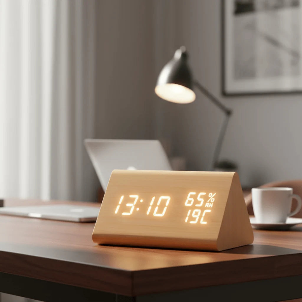 Digital Clock Wood-Look Time & Temperature Display Adjustable Brightness