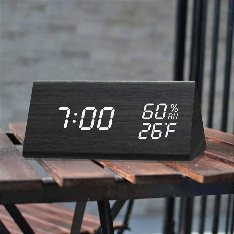 Digital Clock Wood-Look Time & Temperature Display Adjustable Brightness