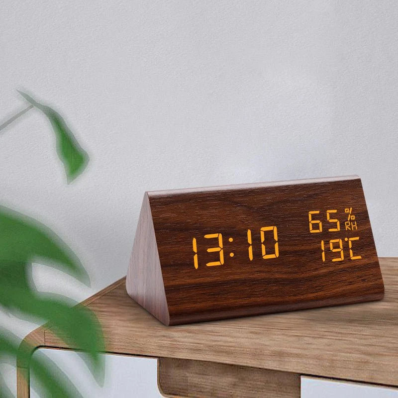 Digital Clock Wood-Look Time & Temperature Display Adjustable Brightness