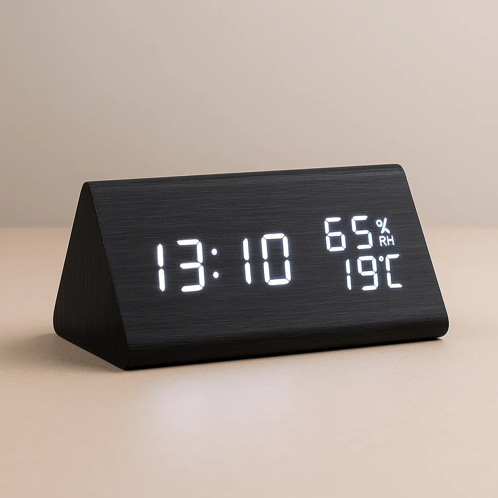Digital Clock Wood-Look Time & Temperature Display Adjustable Brightness