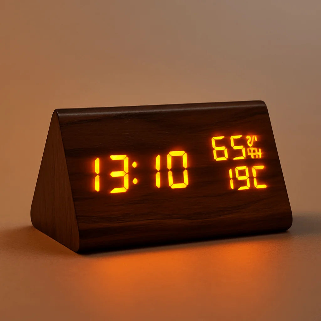 Digital Clock Wood-Look Time & Temperature Display Adjustable Brightness