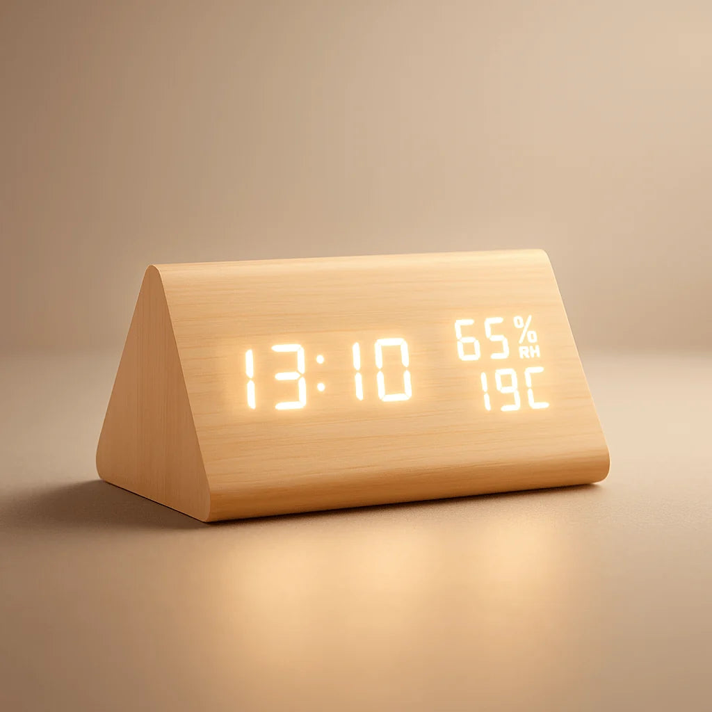 Digital Clock Wood-Look Time & Temperature Display Adjustable Brightness