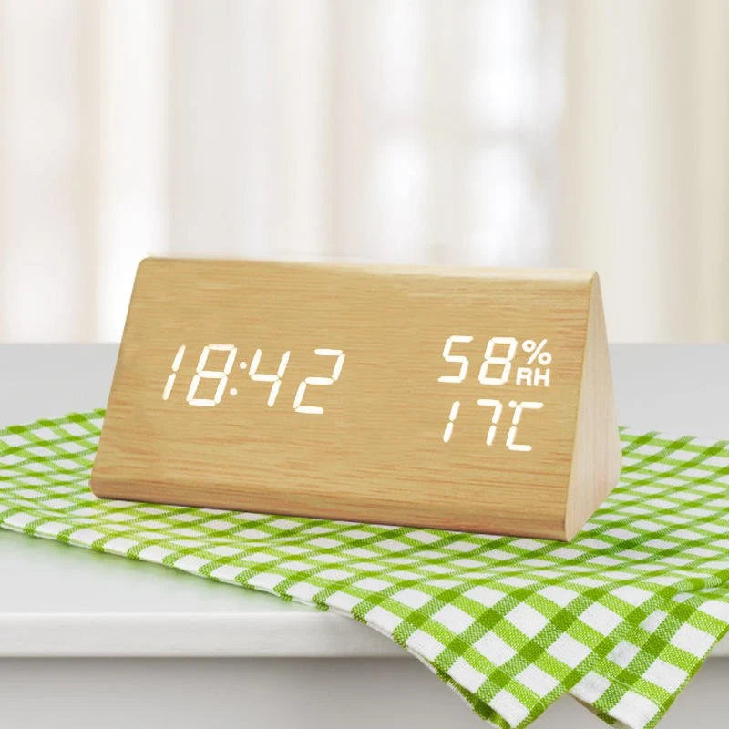 Digital Clock Wood-Look Time & Temperature Display Adjustable Brightness
