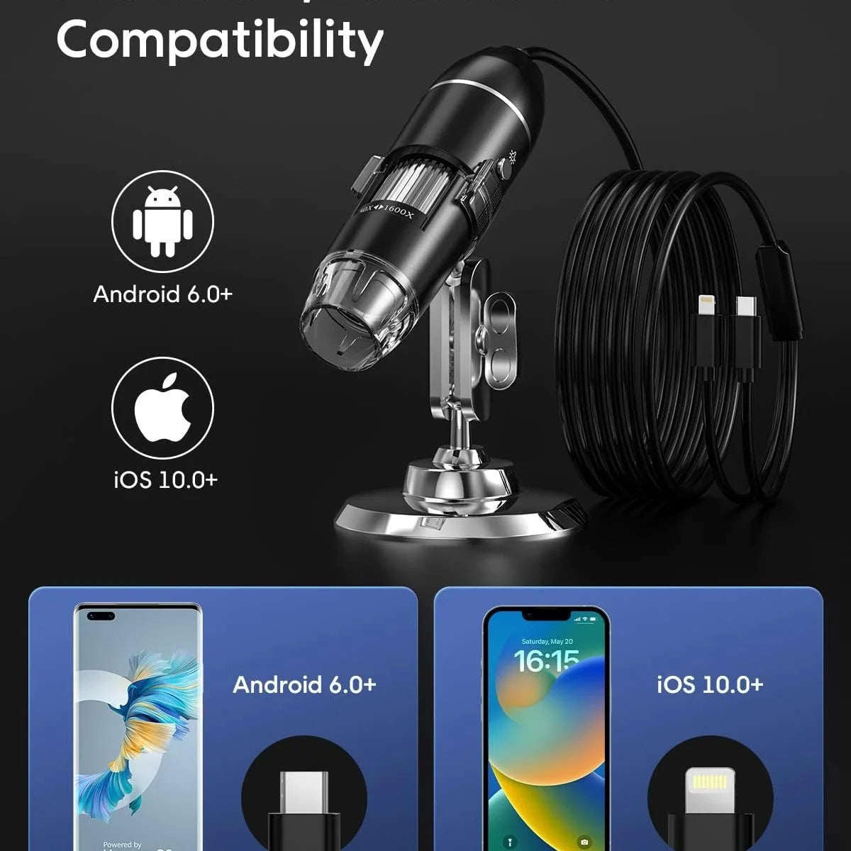 Digital Microscope 1600x Magnification USB-Powered Live Viewing
