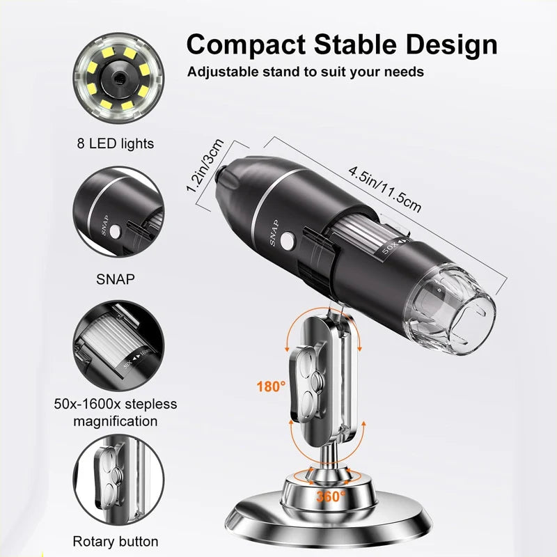 Digital Microscope 1600x Magnification USB-Powered Live Viewing