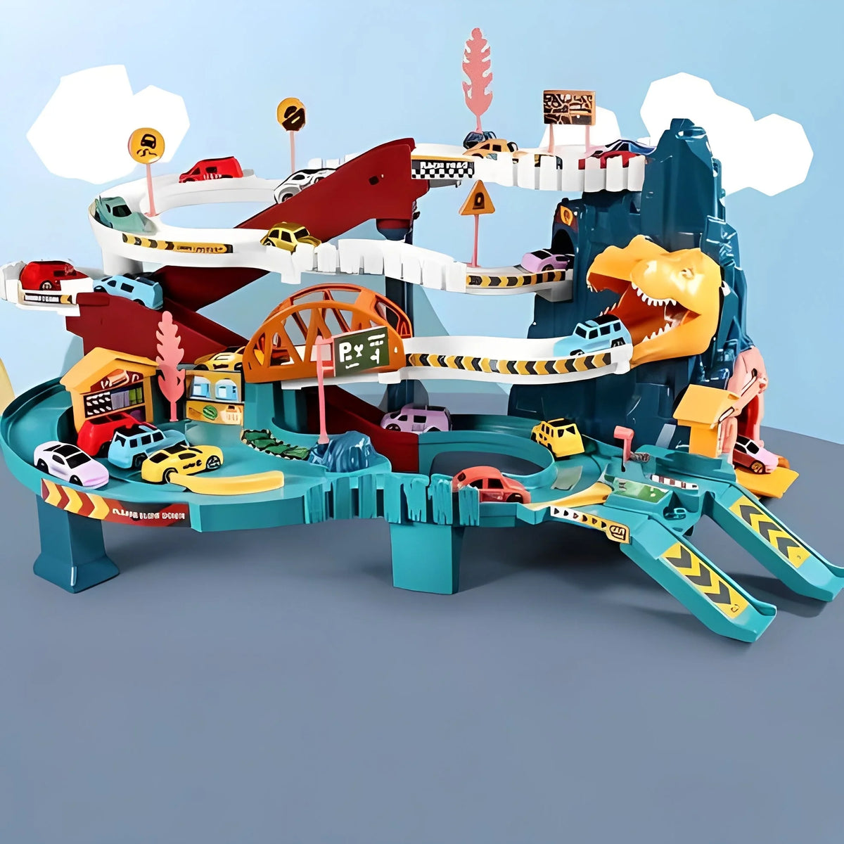 Dinosaur Race Track Playset Multi-Level 8 Cars Included