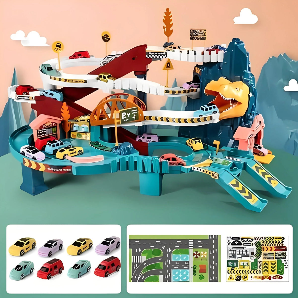 Dinosaur Race Track Playset Multi-Level 8 Cars Included
