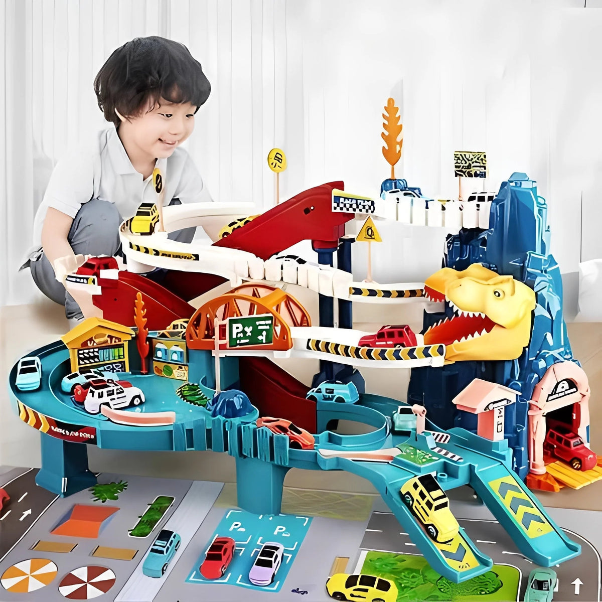 Dinosaur Race Track Playset Multi-Level 8 Cars Included