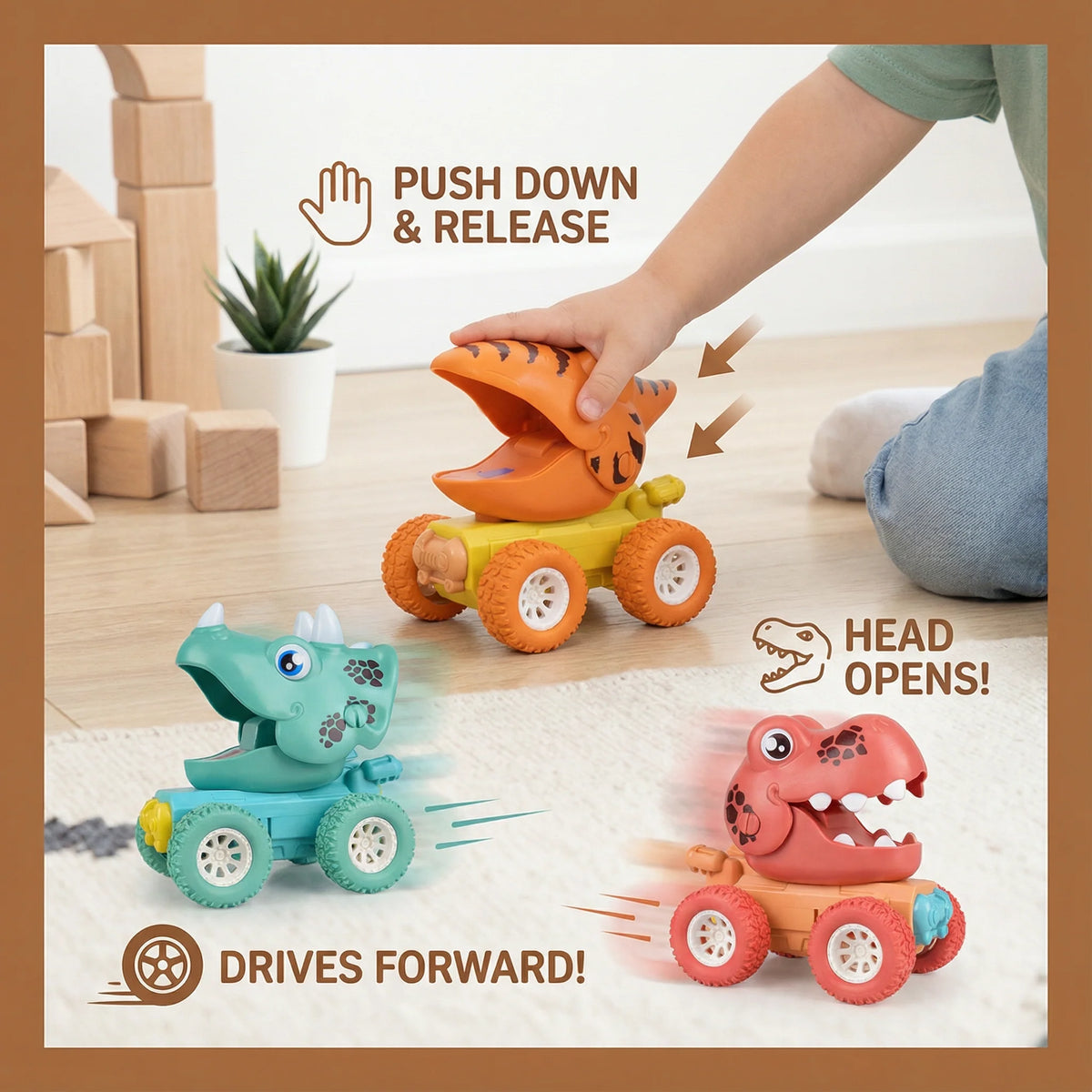 Dinosaur Toy Truck Push-Activated All-Surface Wheels