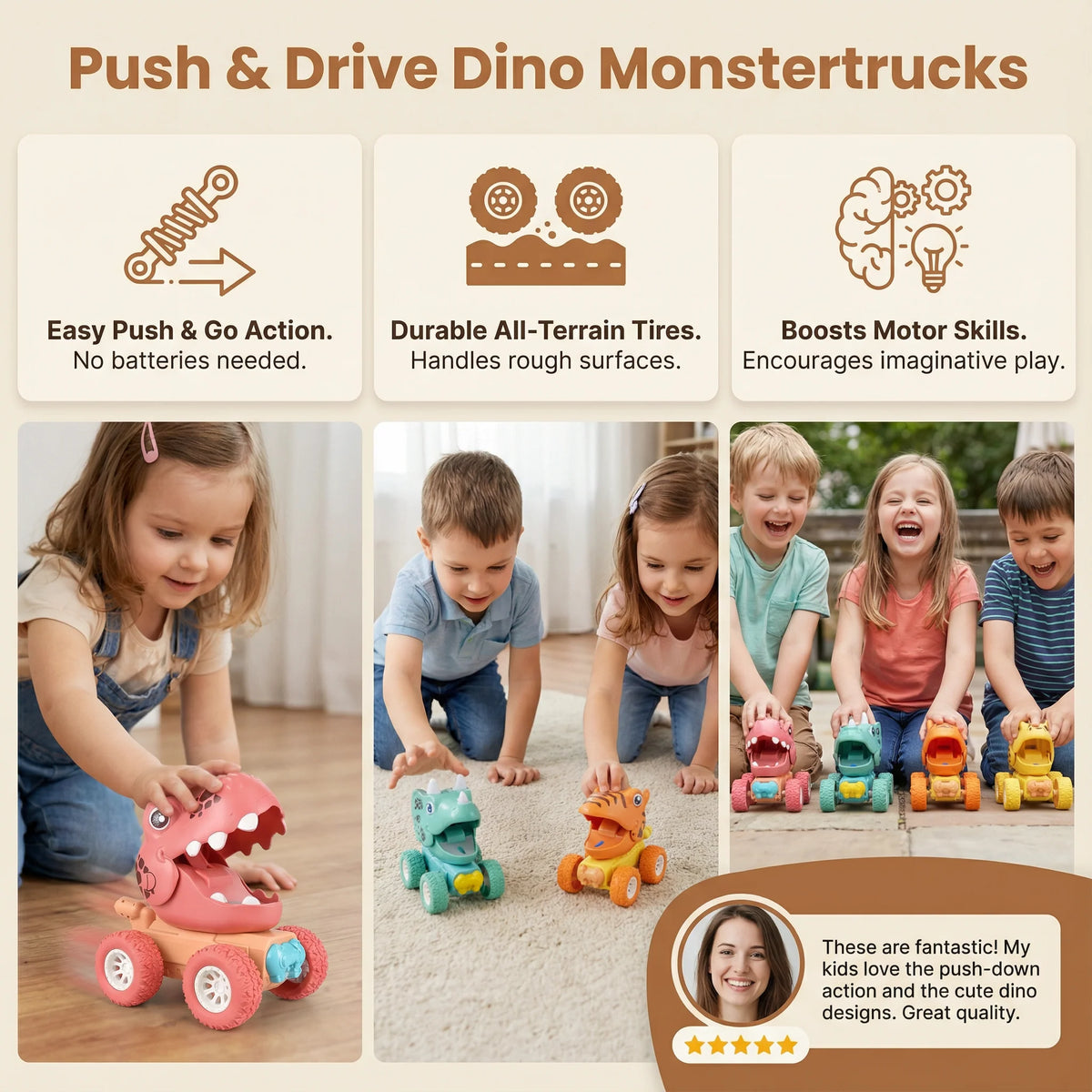 Dinosaur Toy Truck Push-Activated All-Surface Wheels