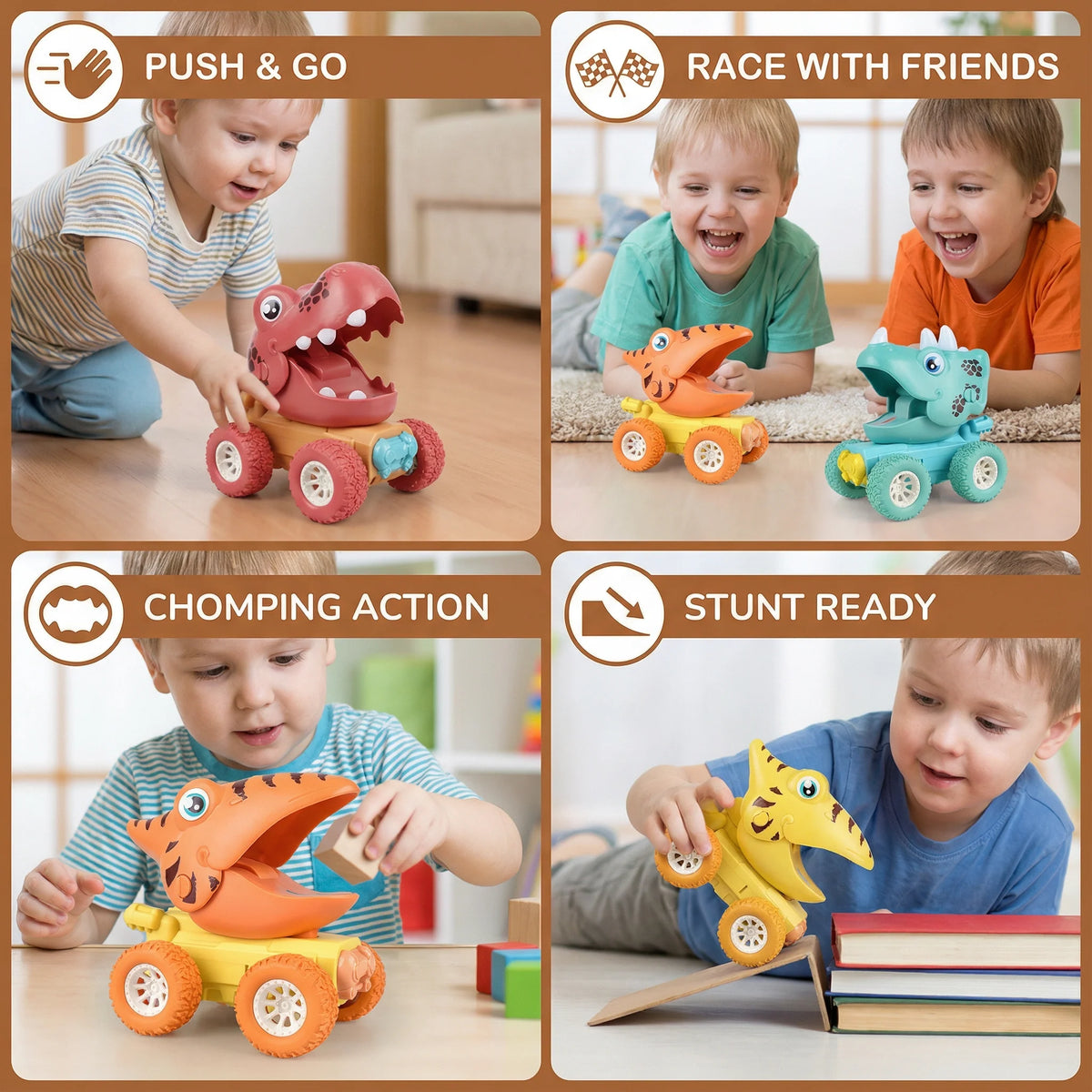 Dinosaur Toy Truck Push-Activated All-Surface Wheels
