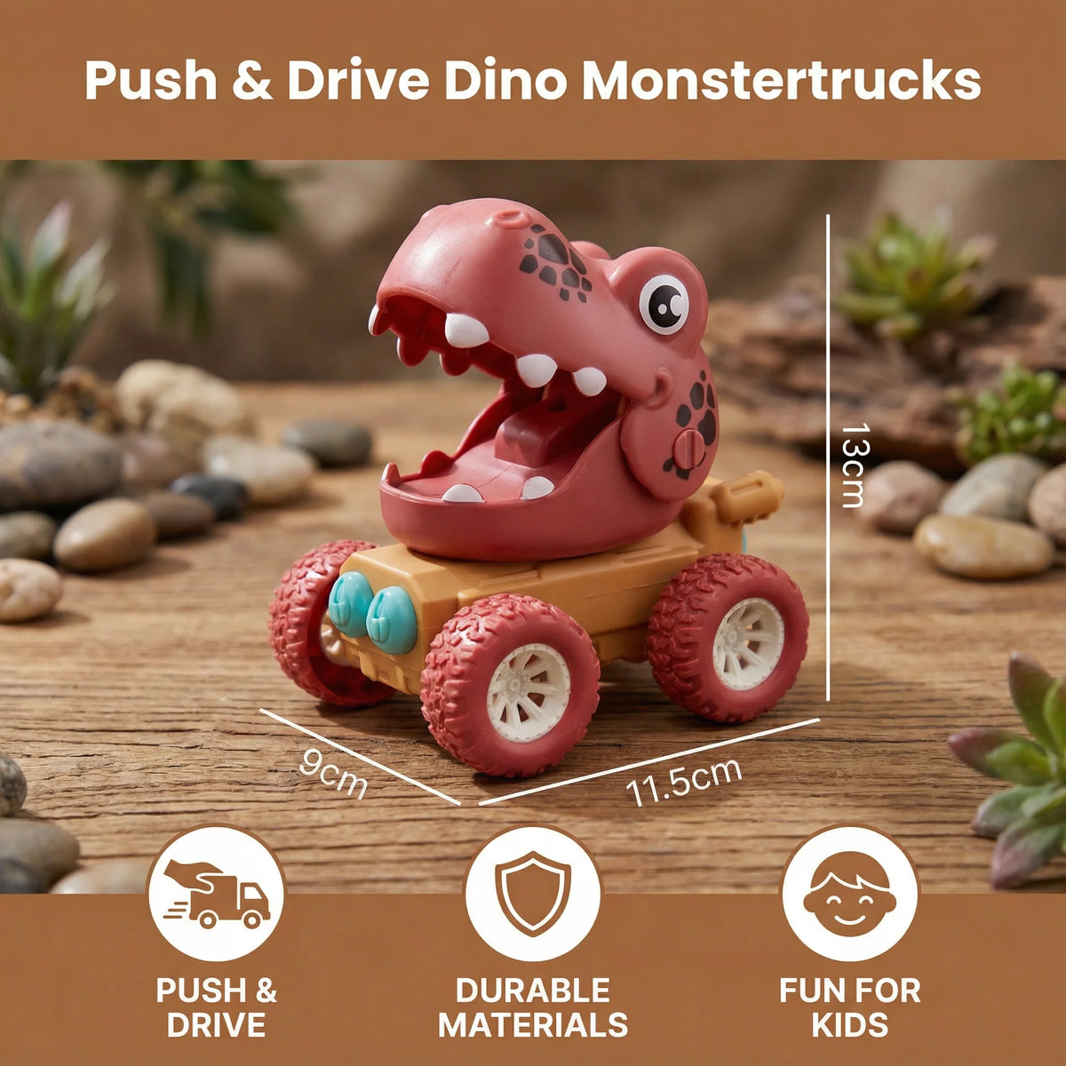 Dinosaur Toy Truck Push-Activated All-Surface Wheels