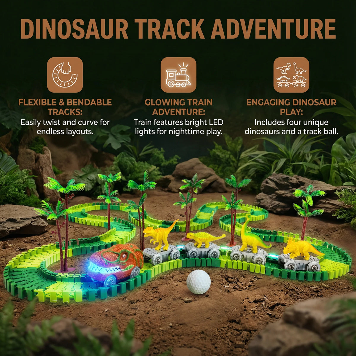 Dinosaur Track Set Flexible Snap-Together LED Train & Figures