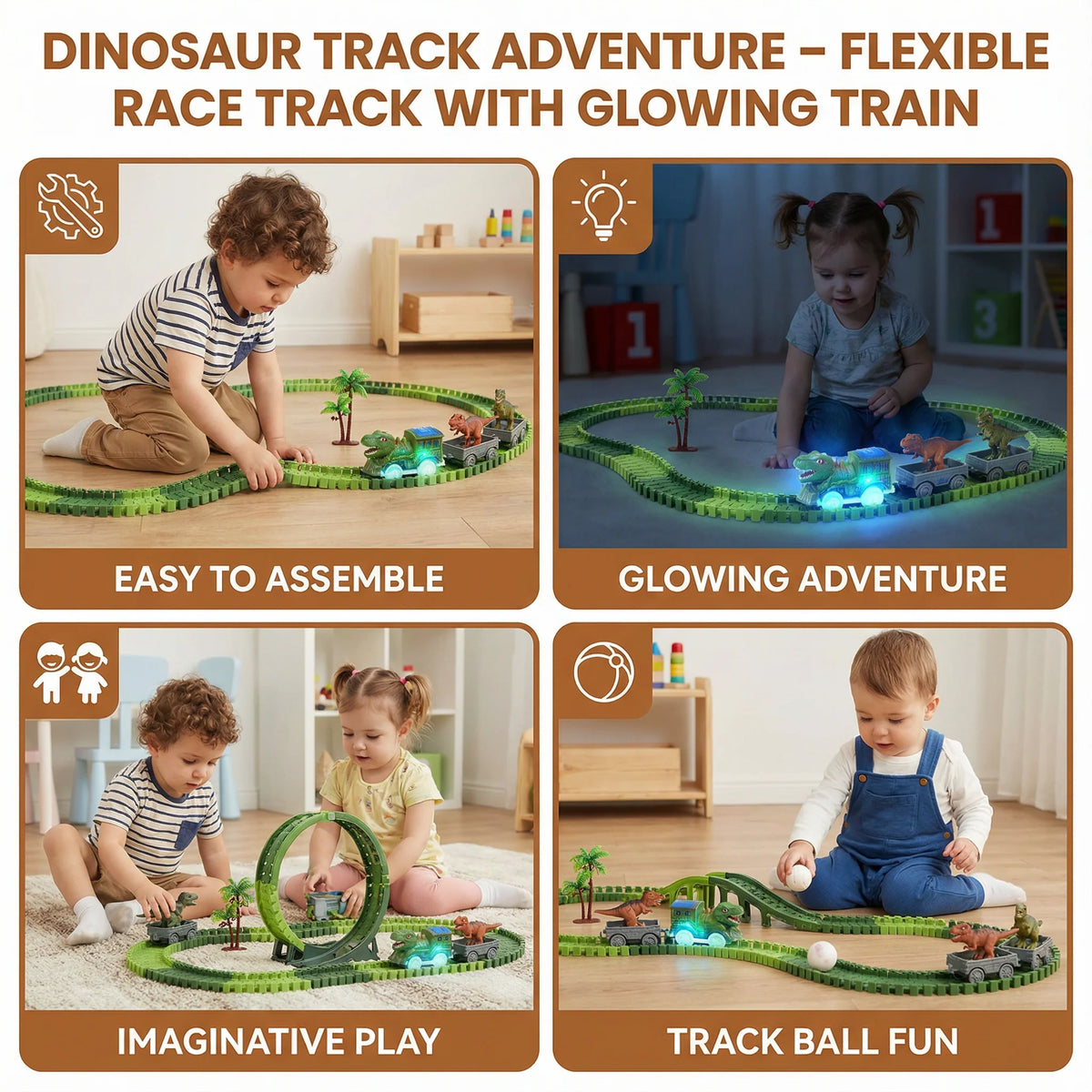 Dinosaur Track Set Flexible Snap-Together LED Train & Figures