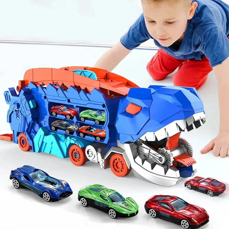 Dinosaur Truck Playset Dual Racing Tracks 3 Mini Cars