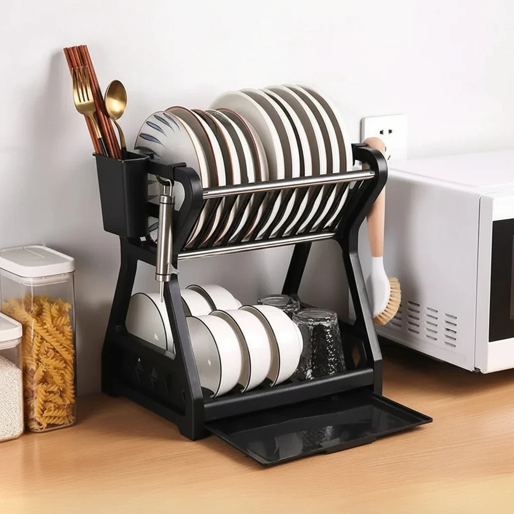 Dish Drainer 2-Tier with Drip Tray & Cutlery Holder