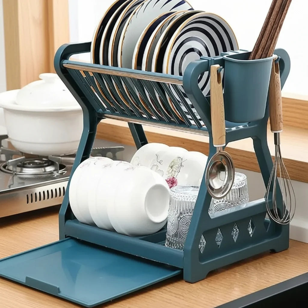 Dish Drainer 2-Tier with Drip Tray & Cutlery Holder