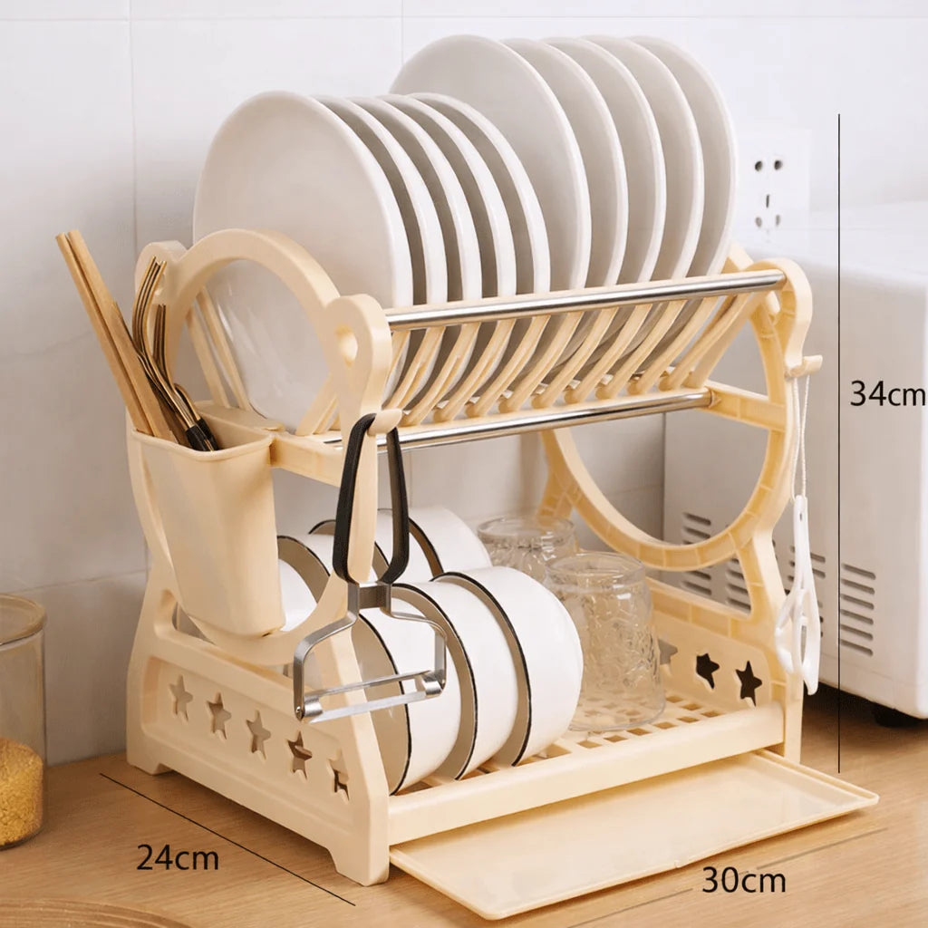 Dish Drainer 2-Tier with Drip Tray & Cutlery Holder