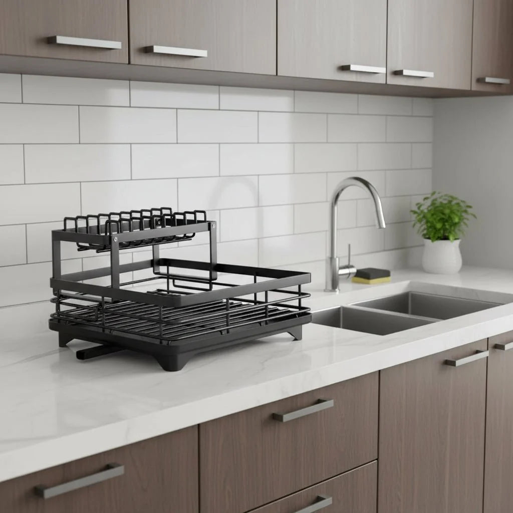 Dish Drying Rack Foldable Stainless Steel With Removable Utensil Holder