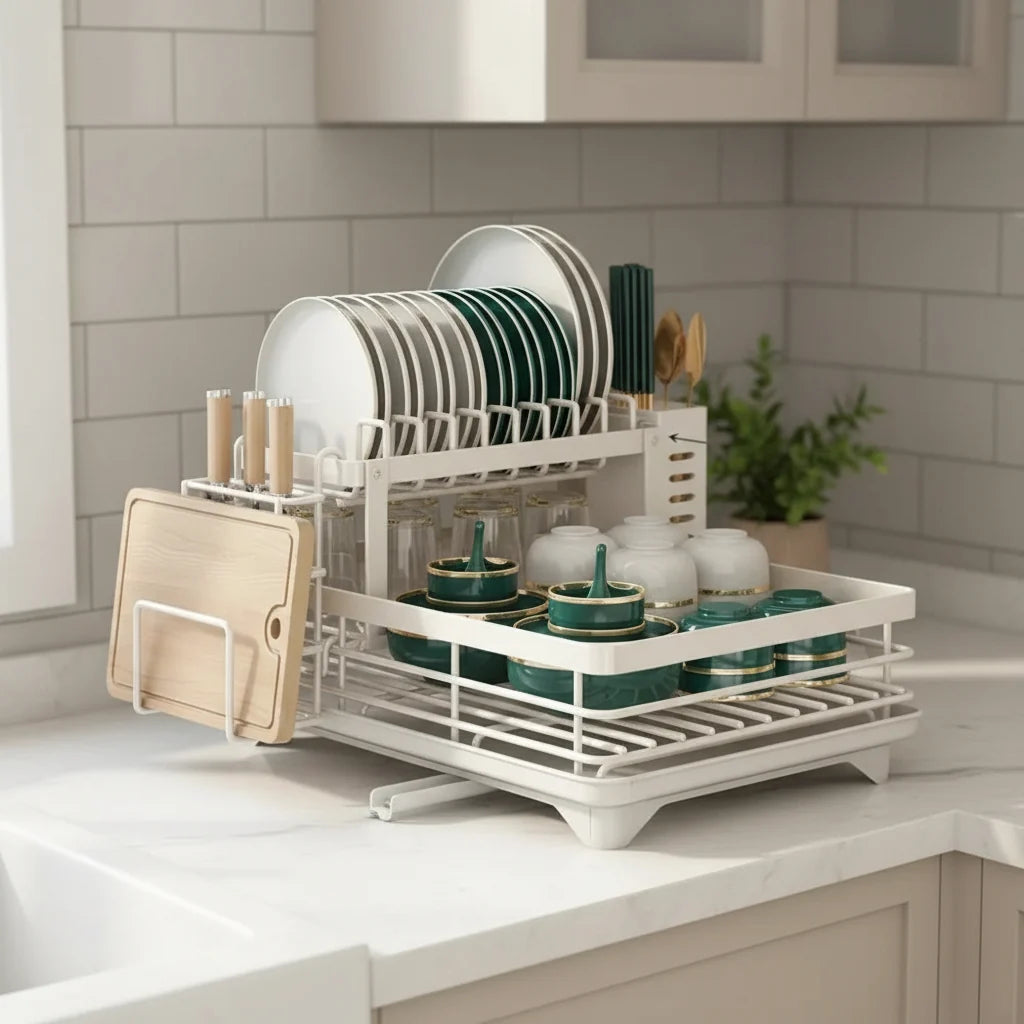Dish Drying Rack Foldable Stainless Steel With Removable Utensil Holder