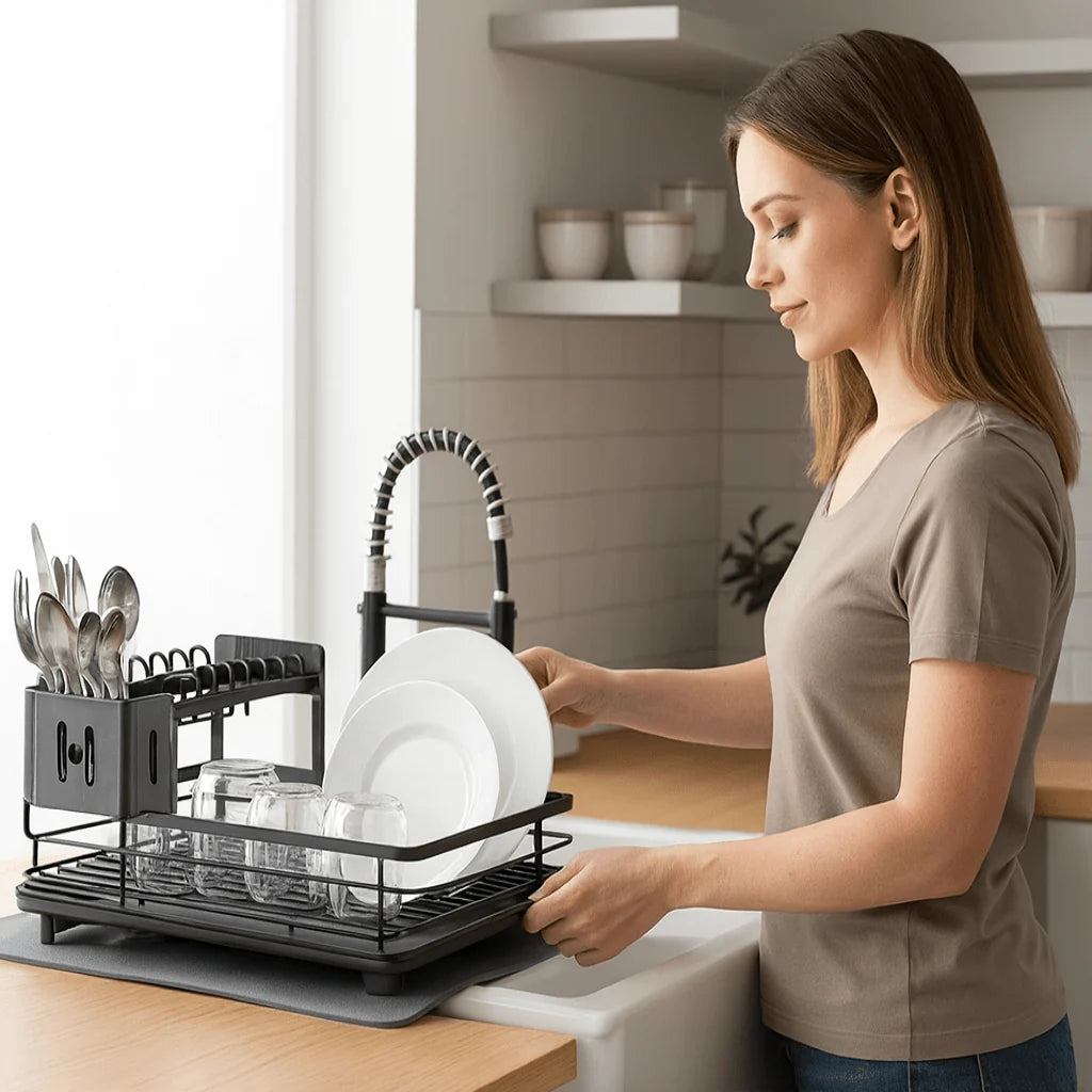 Dish Drying Rack Foldable Stainless Steel With Removable Utensil Holder
