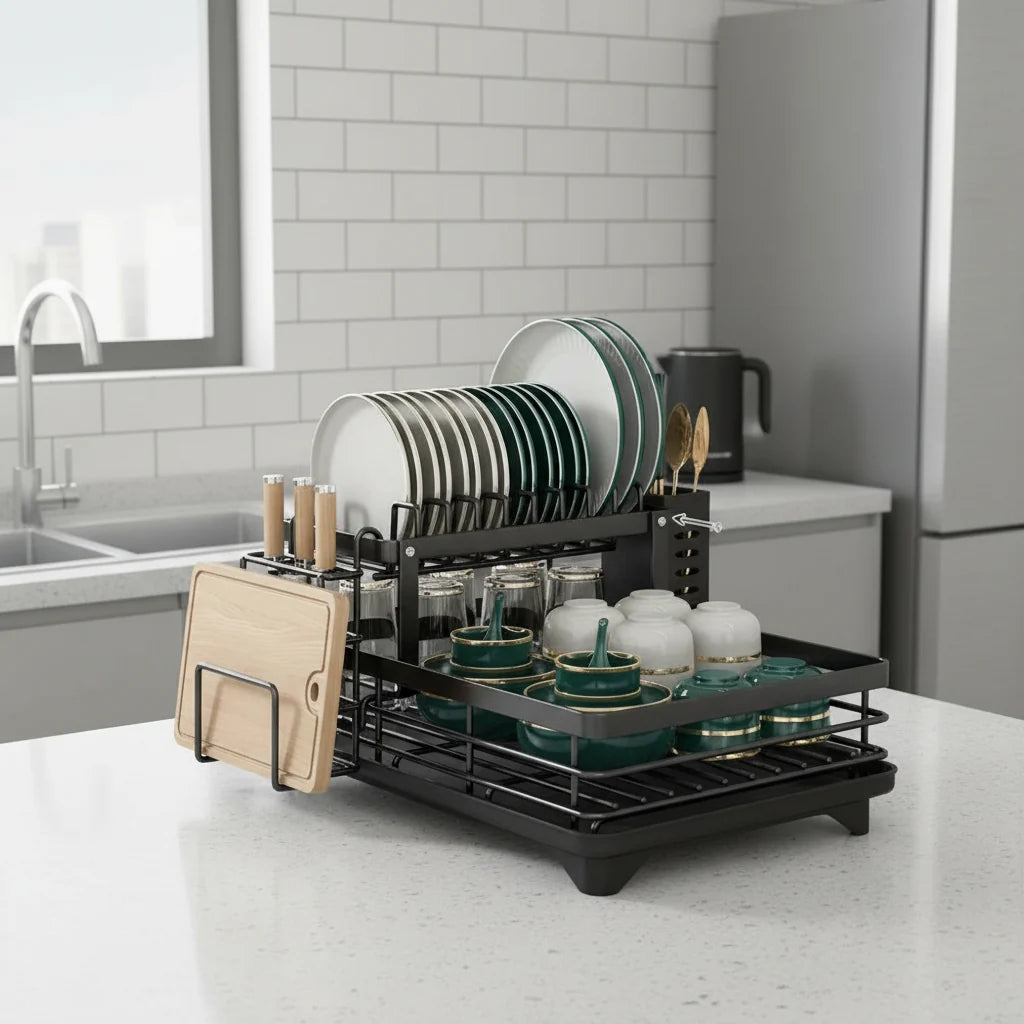 Dish Drying Rack Foldable Stainless Steel With Removable Utensil Holder