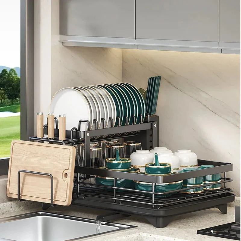 Dish Drying Rack Foldable Stainless Steel With Removable Utensil Holder