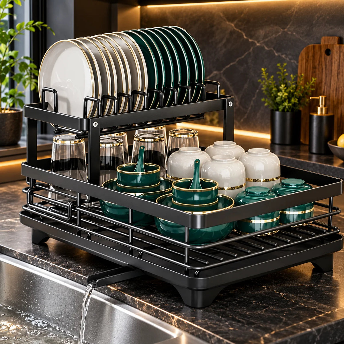 Dish Drying Rack Multi-Tier Rust-Resistant Rotating Drain Spout
