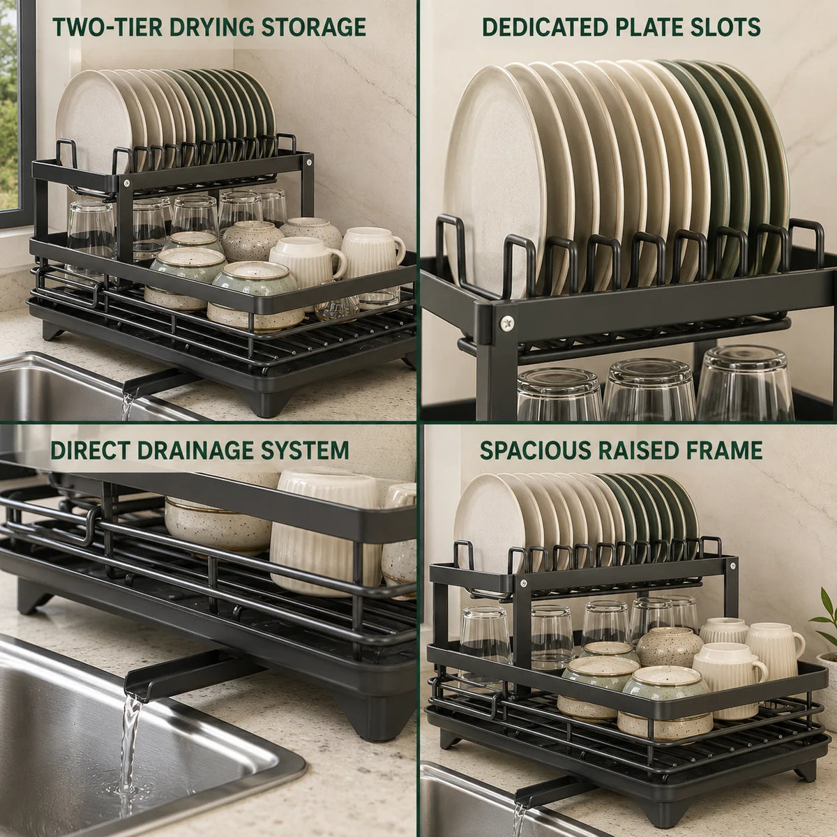 Dish Drying Rack Multi-Tier Rust-Resistant Rotating Drain Spout