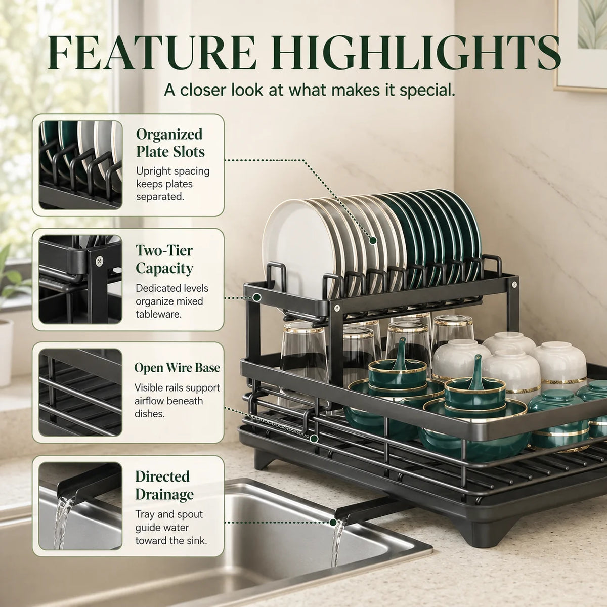 Dish Drying Rack Multi-Tier Rust-Resistant Rotating Drain Spout