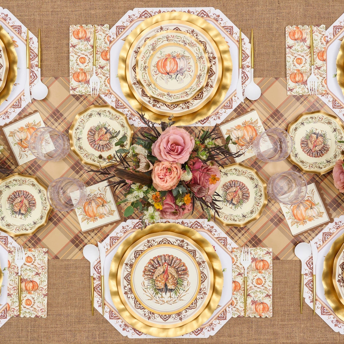 Disposable Plates Heavy-Duty Thanksgiving Design Gold Accents