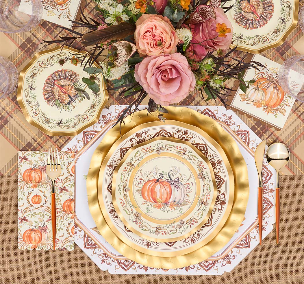 Disposable Plates Heavy-Duty Thanksgiving Design Gold Accents