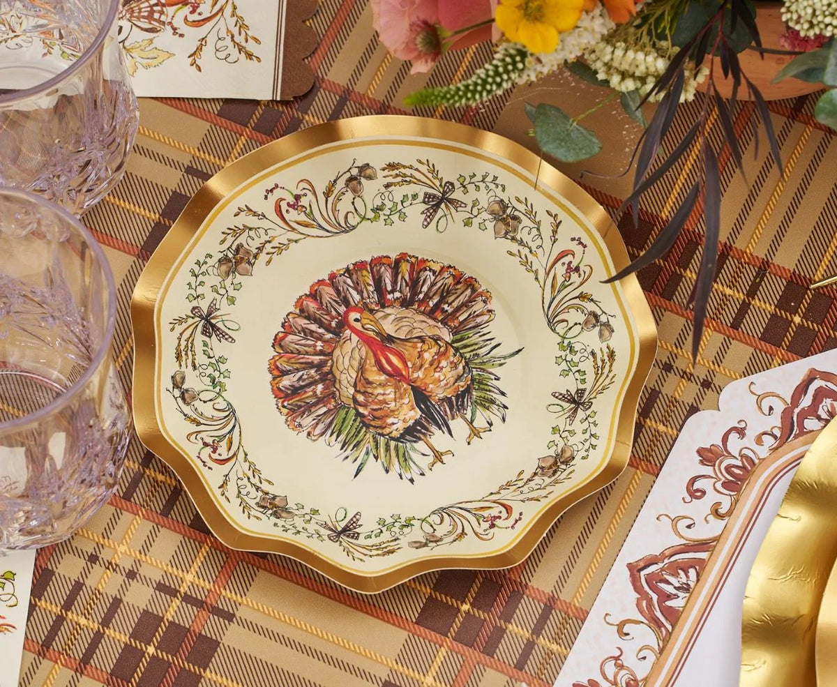 Disposable Plates Heavy-Duty Thanksgiving Design Gold Accents
