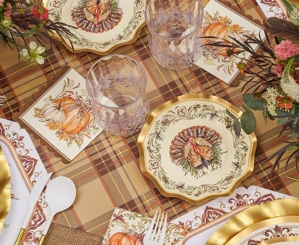 Disposable Plates Heavy-Duty Thanksgiving Design Gold Accents