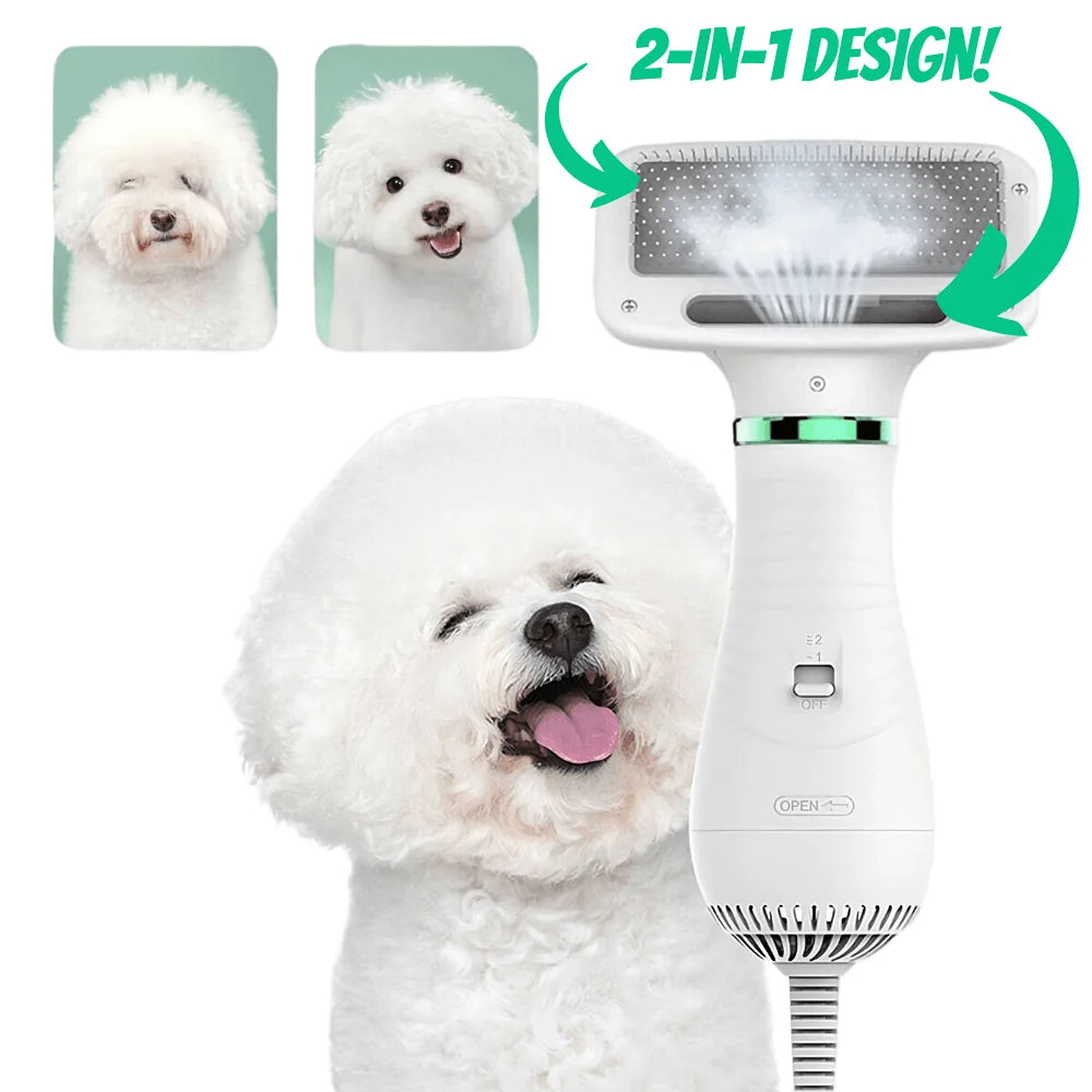 Dog Hair Dryer Brush Quiet Detangling Two Heat Settings