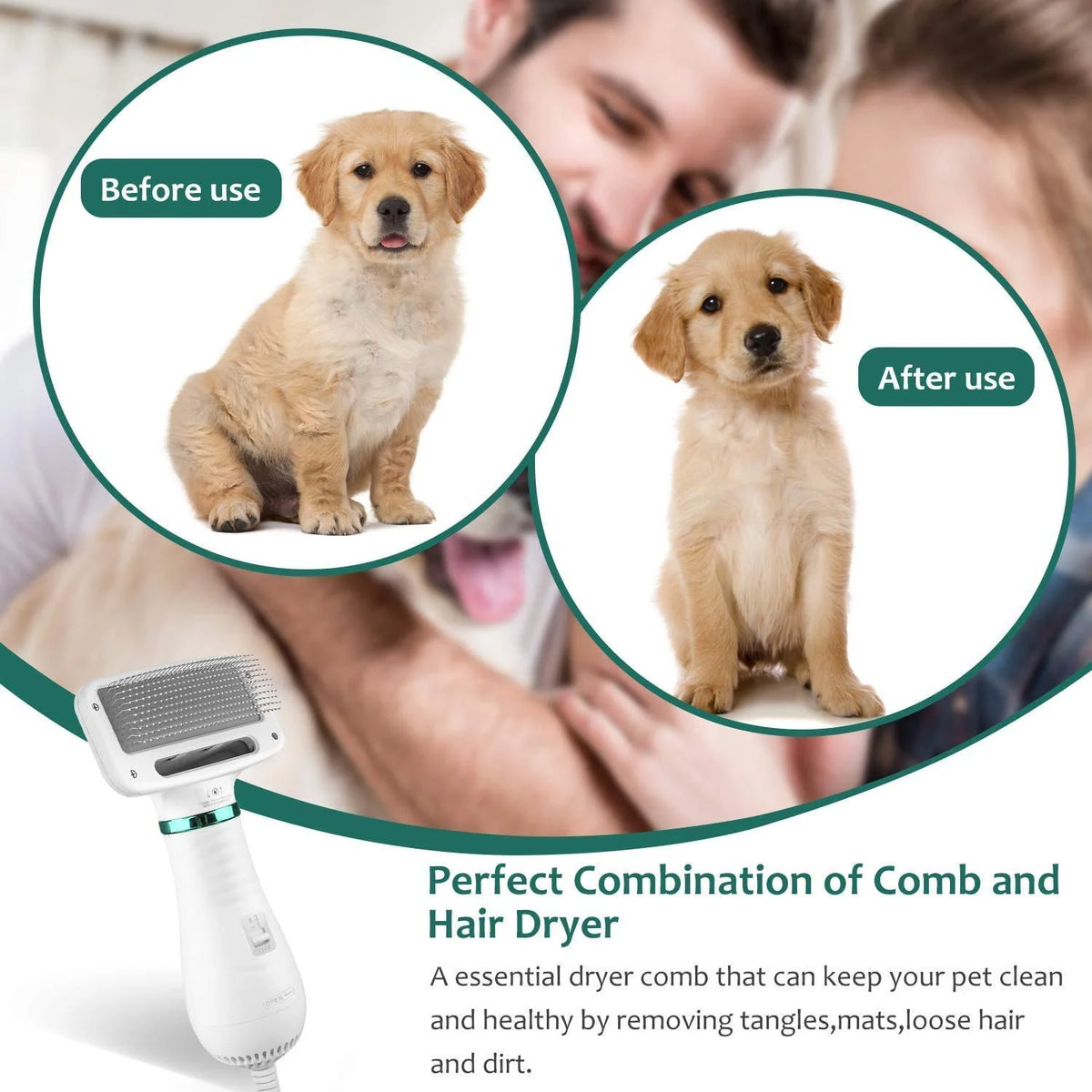 Dog Hair Dryer Brush Quiet Detangling Two Heat Settings