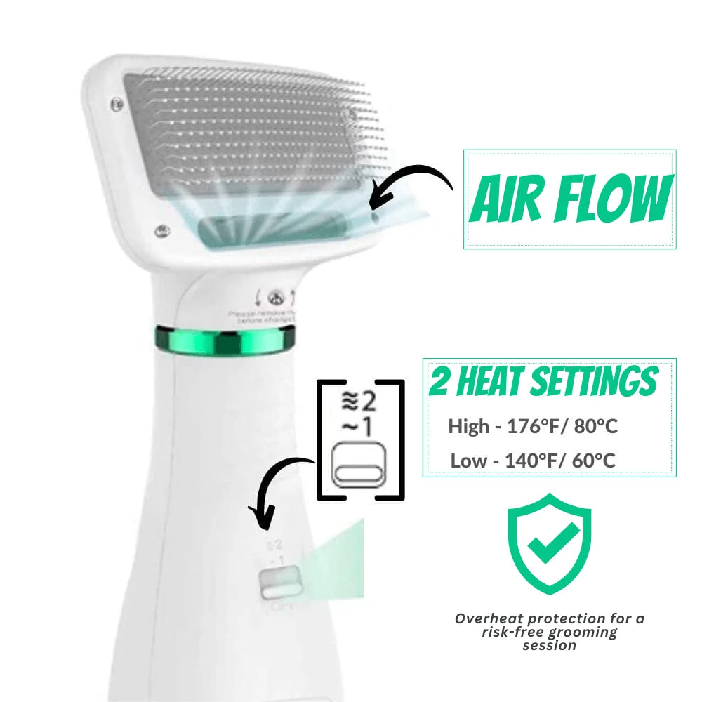 Dog Hair Dryer Brush Quiet Detangling Two Heat Settings