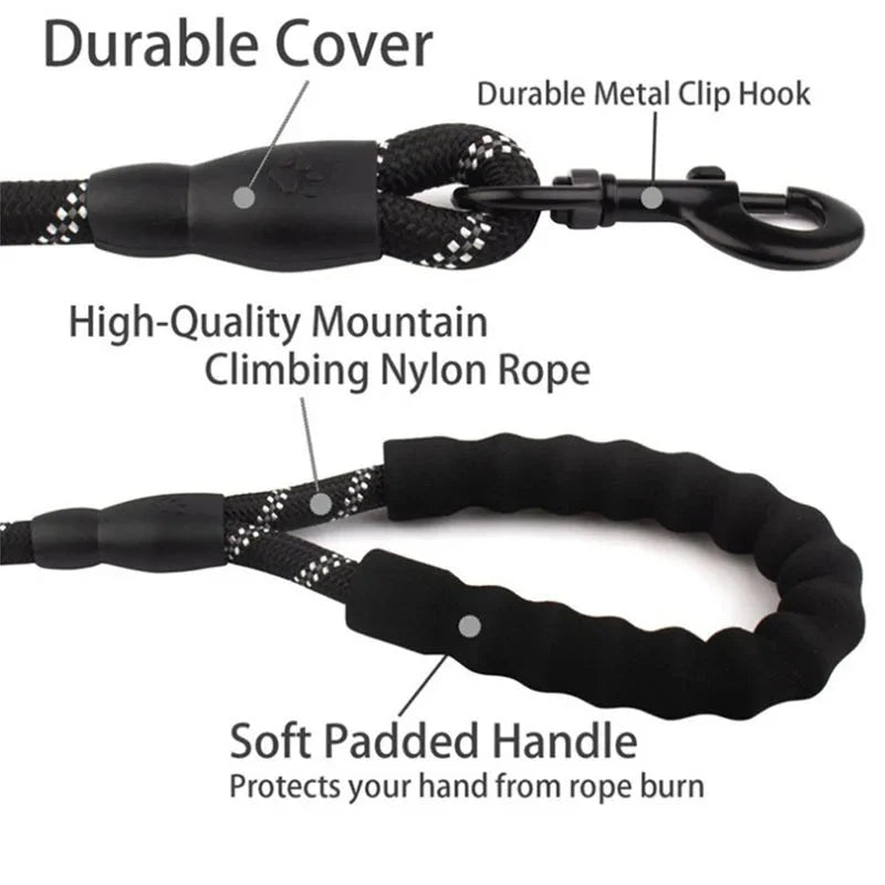 Dog Leash Reflective Stitching Padded Grip Double Rope Nylon