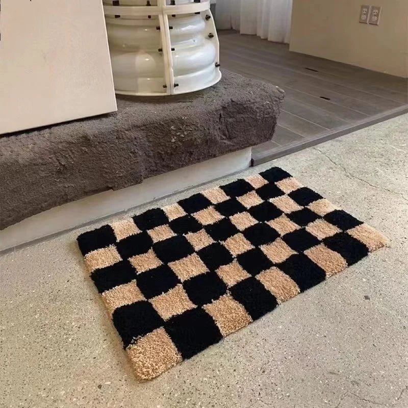 Door Mat Checkered Microfiber Plush Non-Slip Backing