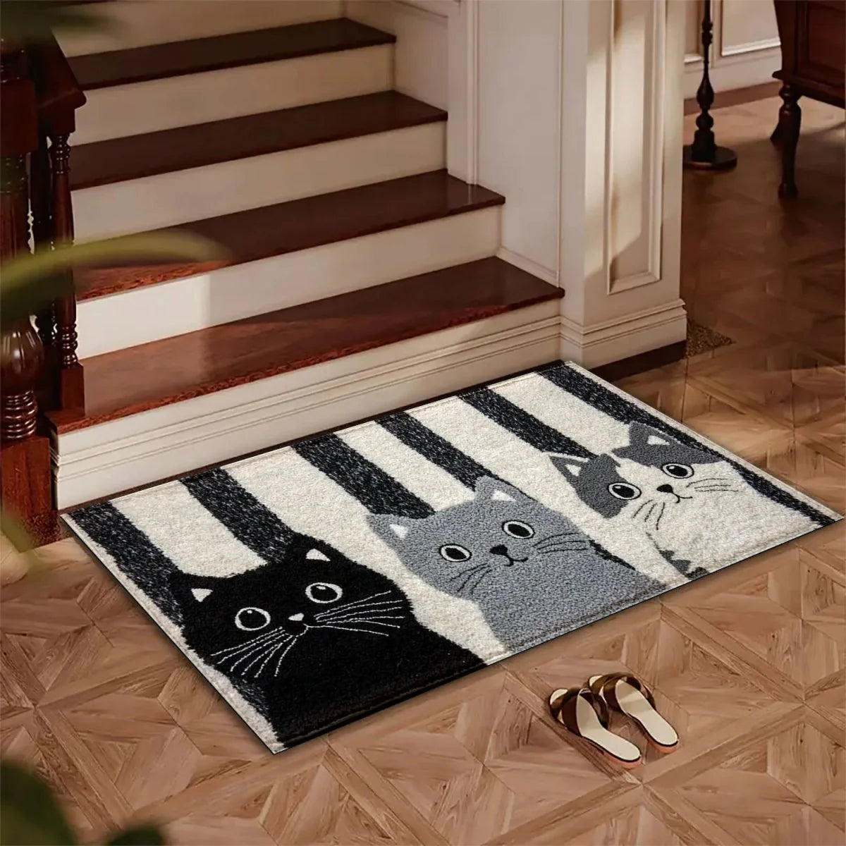 Doormat Striped Cartoon Cat Water-Resistant Surface