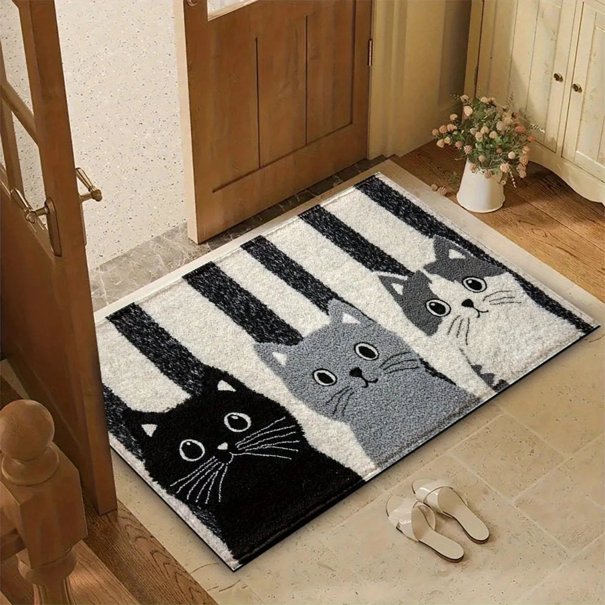 Doormat Striped Cartoon Cat Water-Resistant Surface