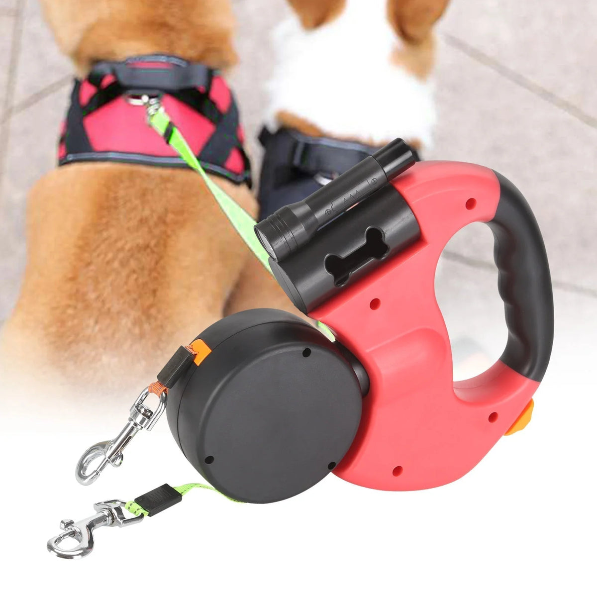 Double Dog Leash Tangle-Free Retractable LED Light