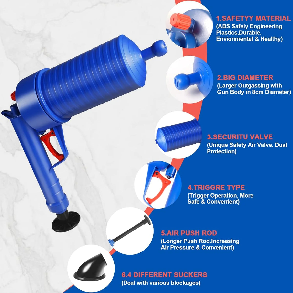 Drain Plunger Compressed Air Four Interchangeable Suction Cups