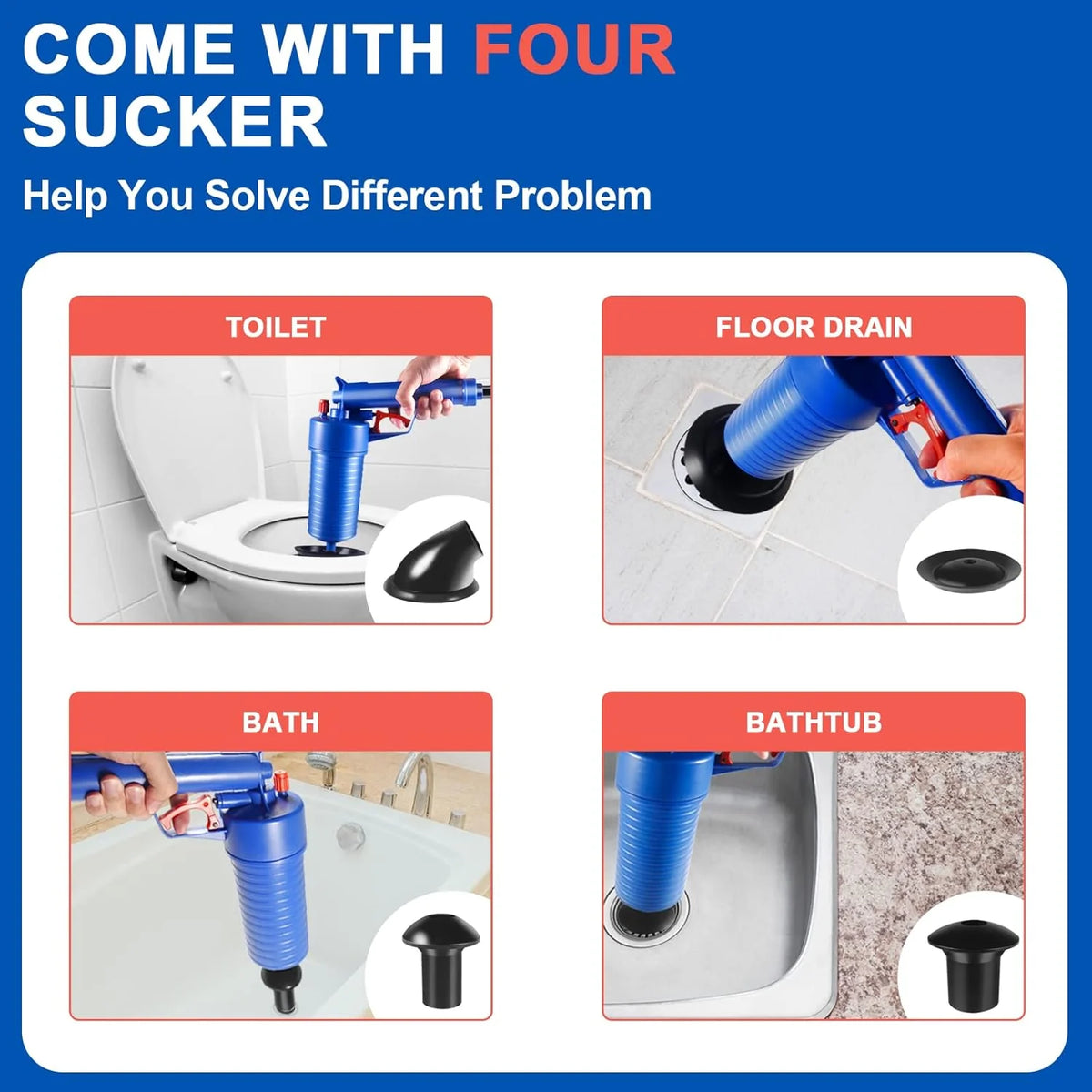 Drain Plunger Compressed Air Four Interchangeable Suction Cups