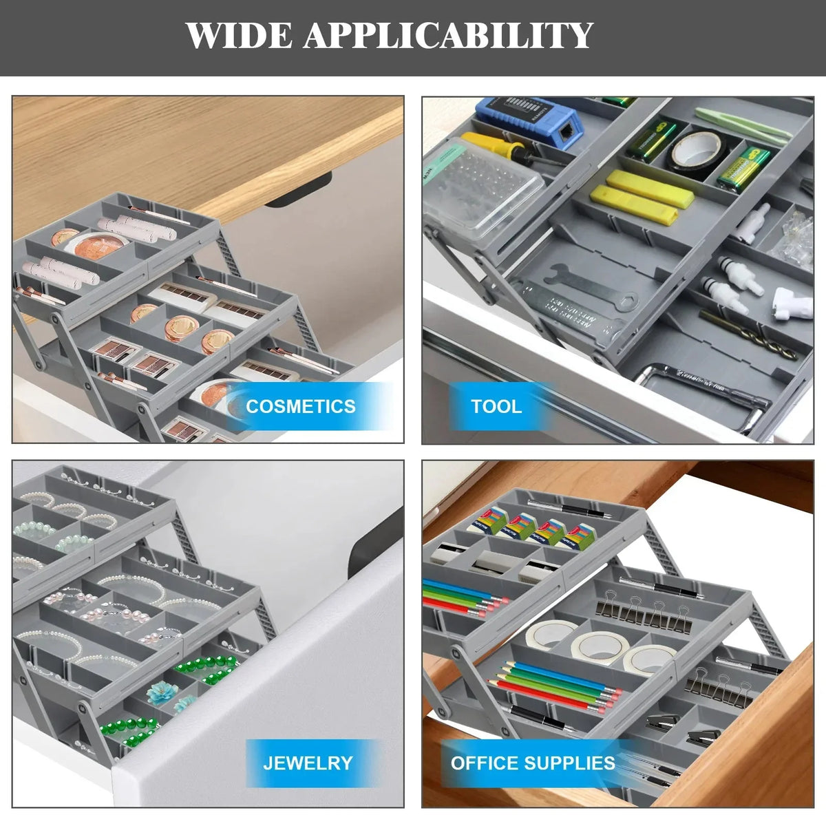 Drawer Organizer Foldable 3-Tier Divided Compartments