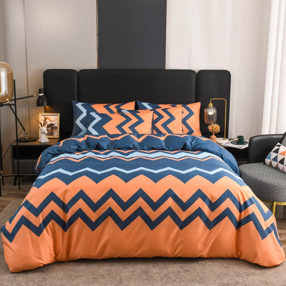 Duvet Cover Blue Orange Geometric Zigzag Machine Washable